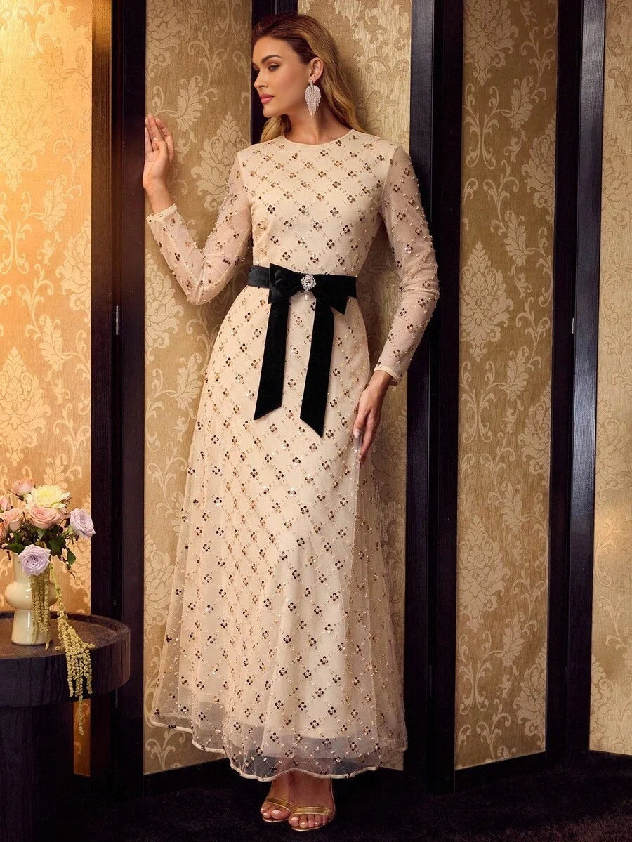 Soiréza WOMENS MESH SEQUINS MESH OVERLAY BOW WAIST FORMAL COCKTAIL DRESS