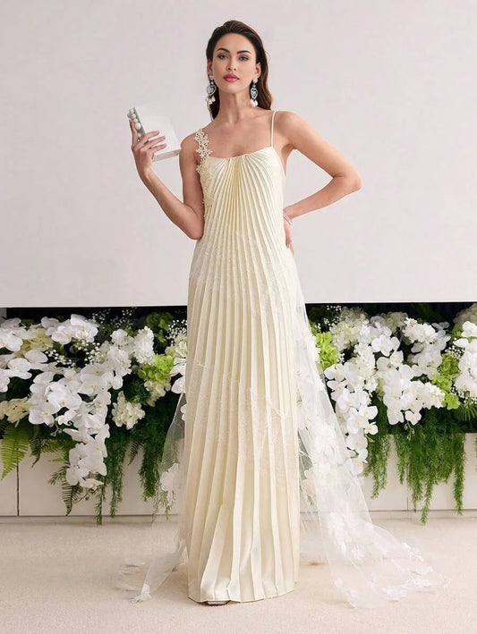 Soiréza WOMENS PLEATED LACE PATCHWORK MAXI FORMAL DRESS