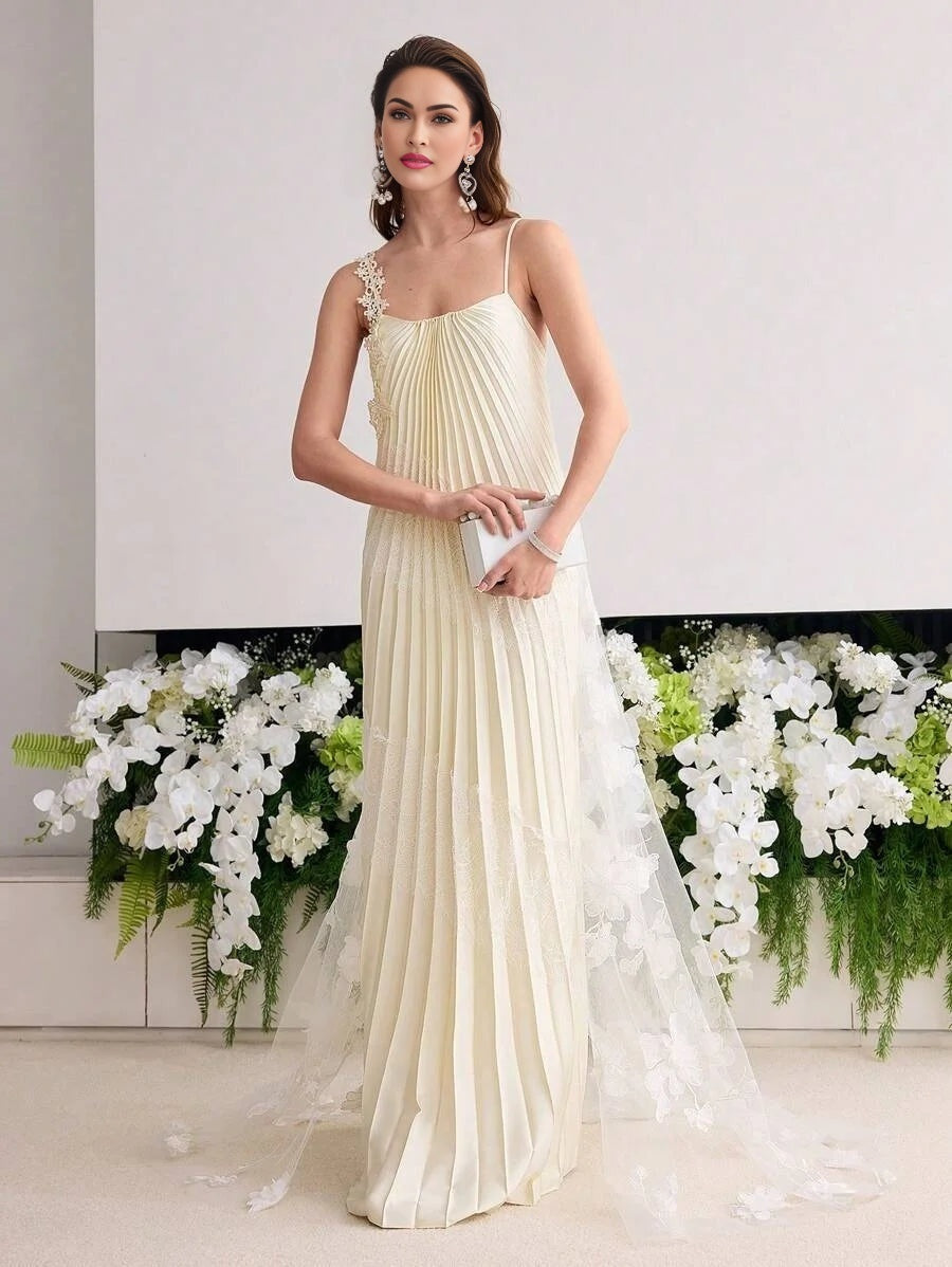 Soiréza WOMENS PLEATED LACE PATCHWORK MAXI FORMAL DRESS