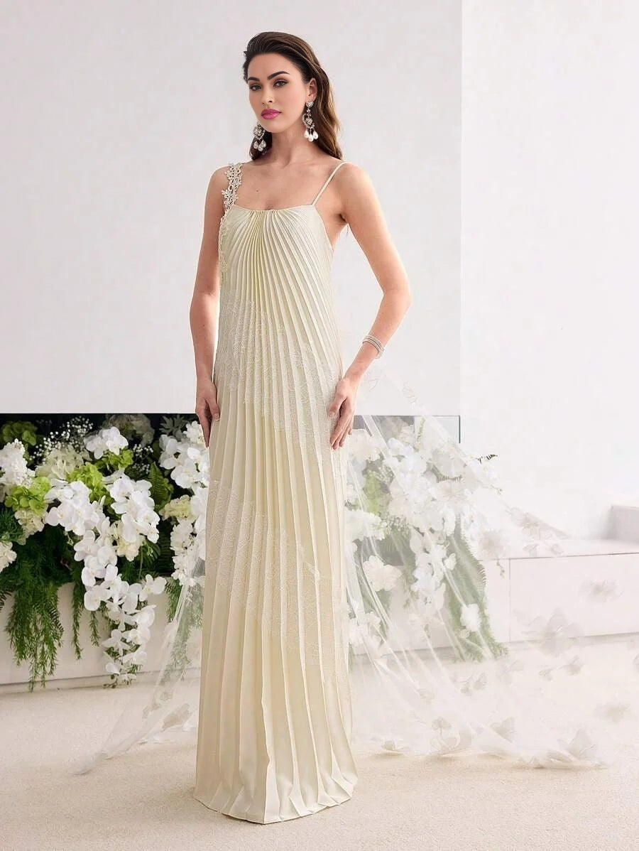 Soiréza WOMENS PLEATED LACE PATCHWORK MAXI FORMAL DRESS