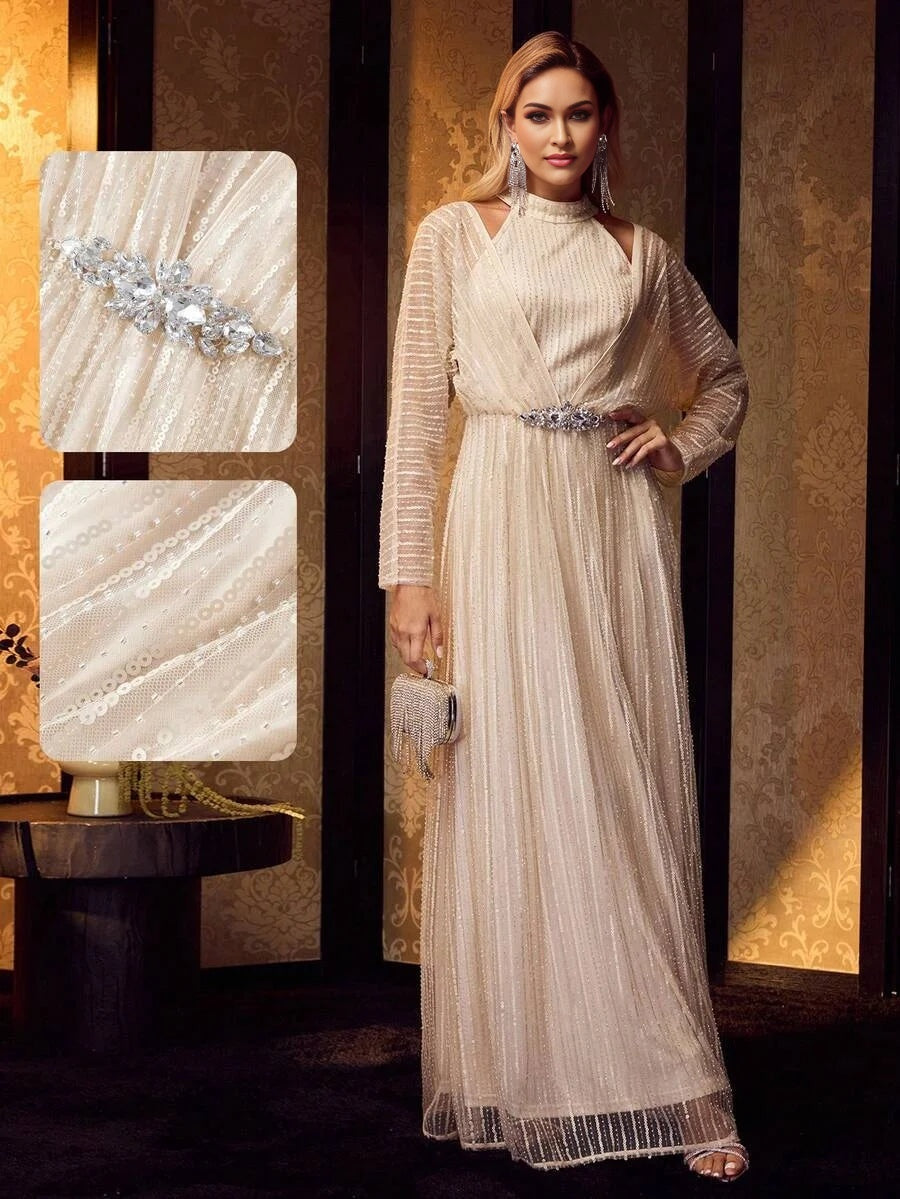 Soiréza WOMENS SEQUIN MESH RHINESTONE WAIST COCKTAIL DRESS LONG SLEEVE