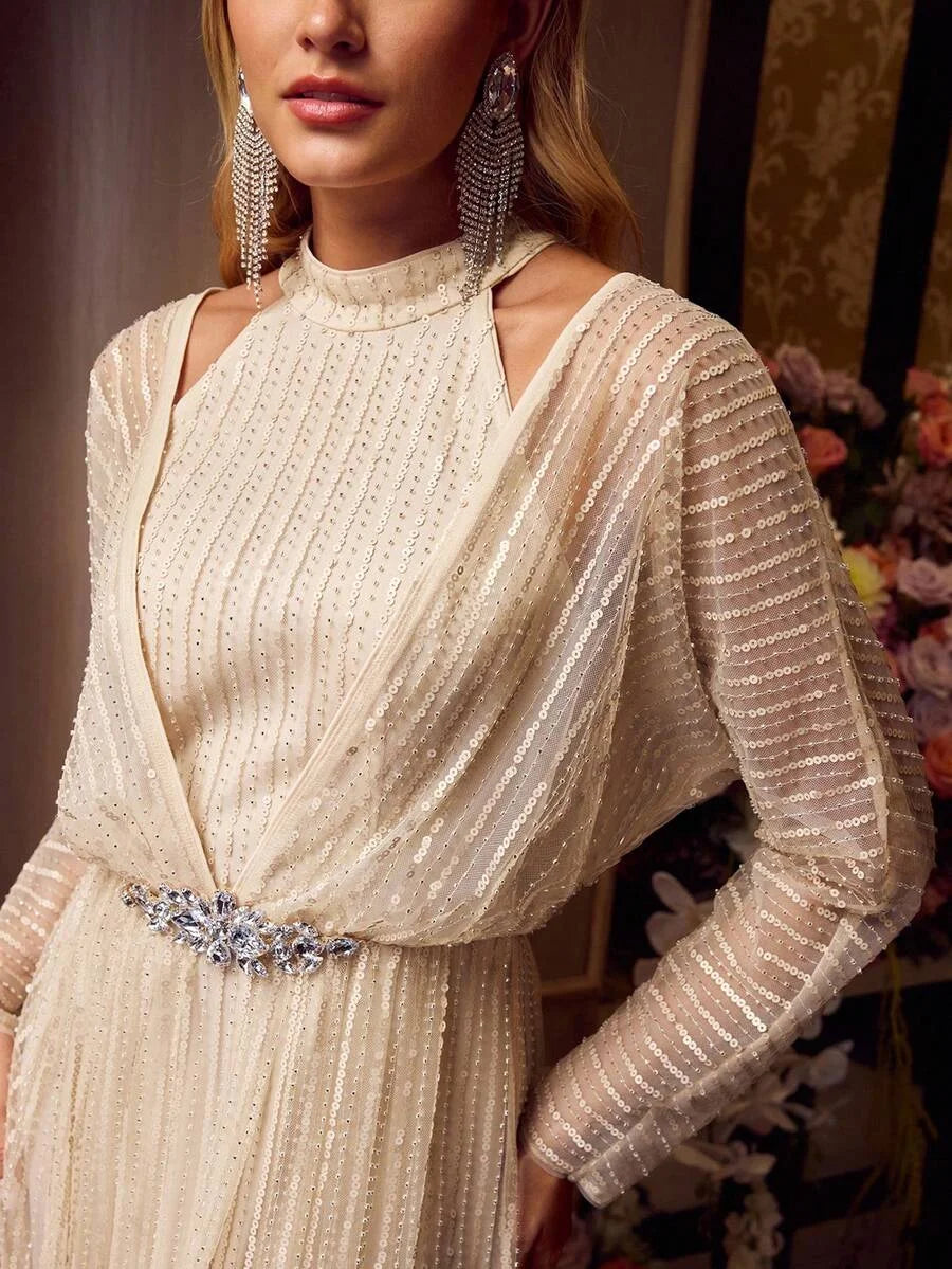 Soiréza WOMENS SEQUIN MESH RHINESTONE WAIST COCKTAIL DRESS LONG SLEEVE