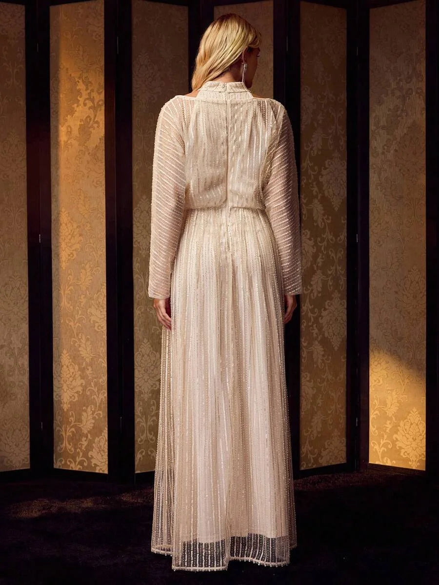 Soiréza WOMENS SEQUIN MESH RHINESTONE WAIST COCKTAIL DRESS LONG SLEEVE