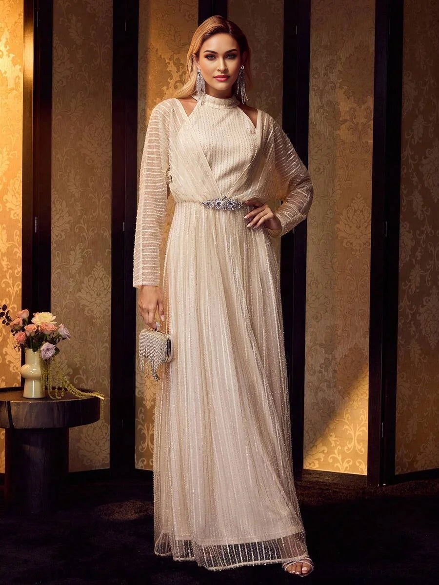 Soiréza WOMENS SEQUIN MESH RHINESTONE WAIST COCKTAIL DRESS LONG SLEEVE