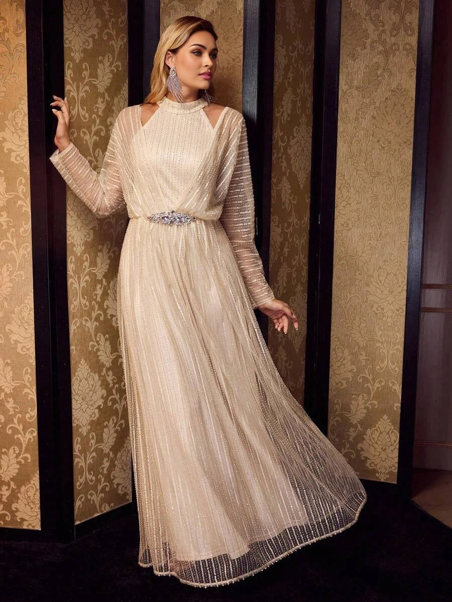 Soiréza WOMENS SEQUIN MESH RHINESTONE WAIST COCKTAIL DRESS LONG SLEEVE