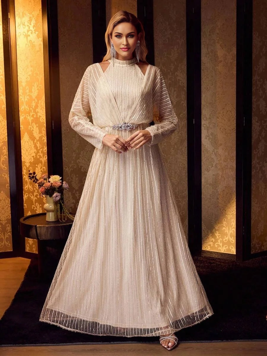 Soiréza WOMENS SEQUIN MESH RHINESTONE WAIST COCKTAIL DRESS LONG SLEEVE