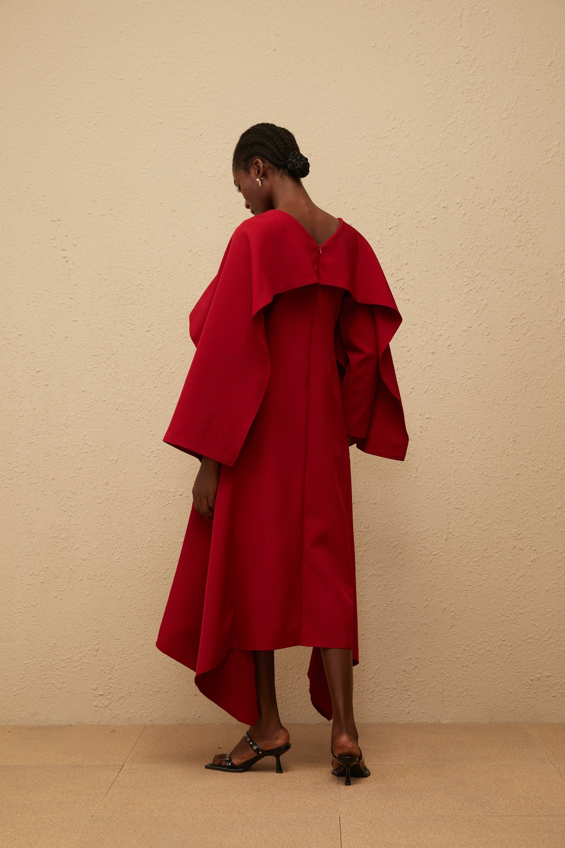 Solène Red Asymmetrical Cape Design Midi Dress