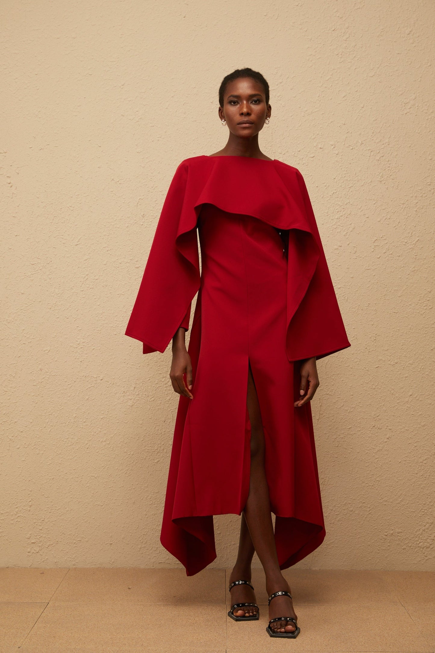 Solène Red Asymmetrical Cape Design Midi Dress