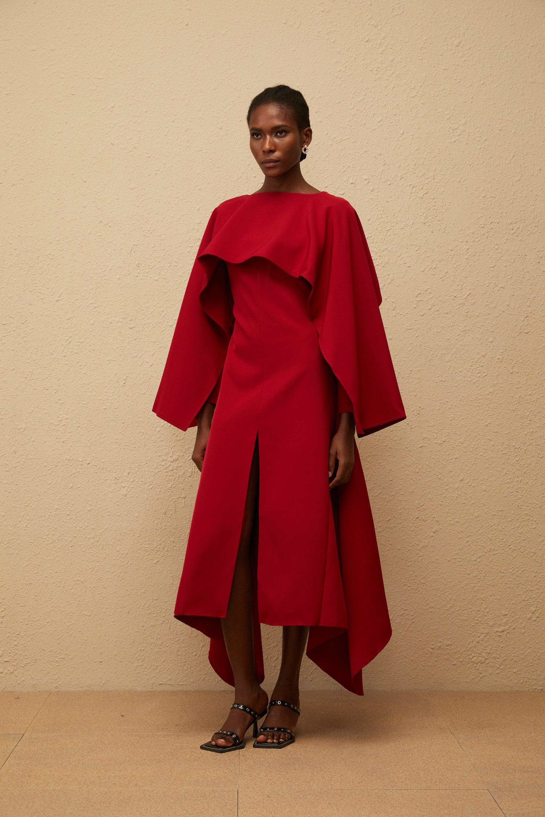 Solène Red Asymmetrical Cape Design Midi Dress