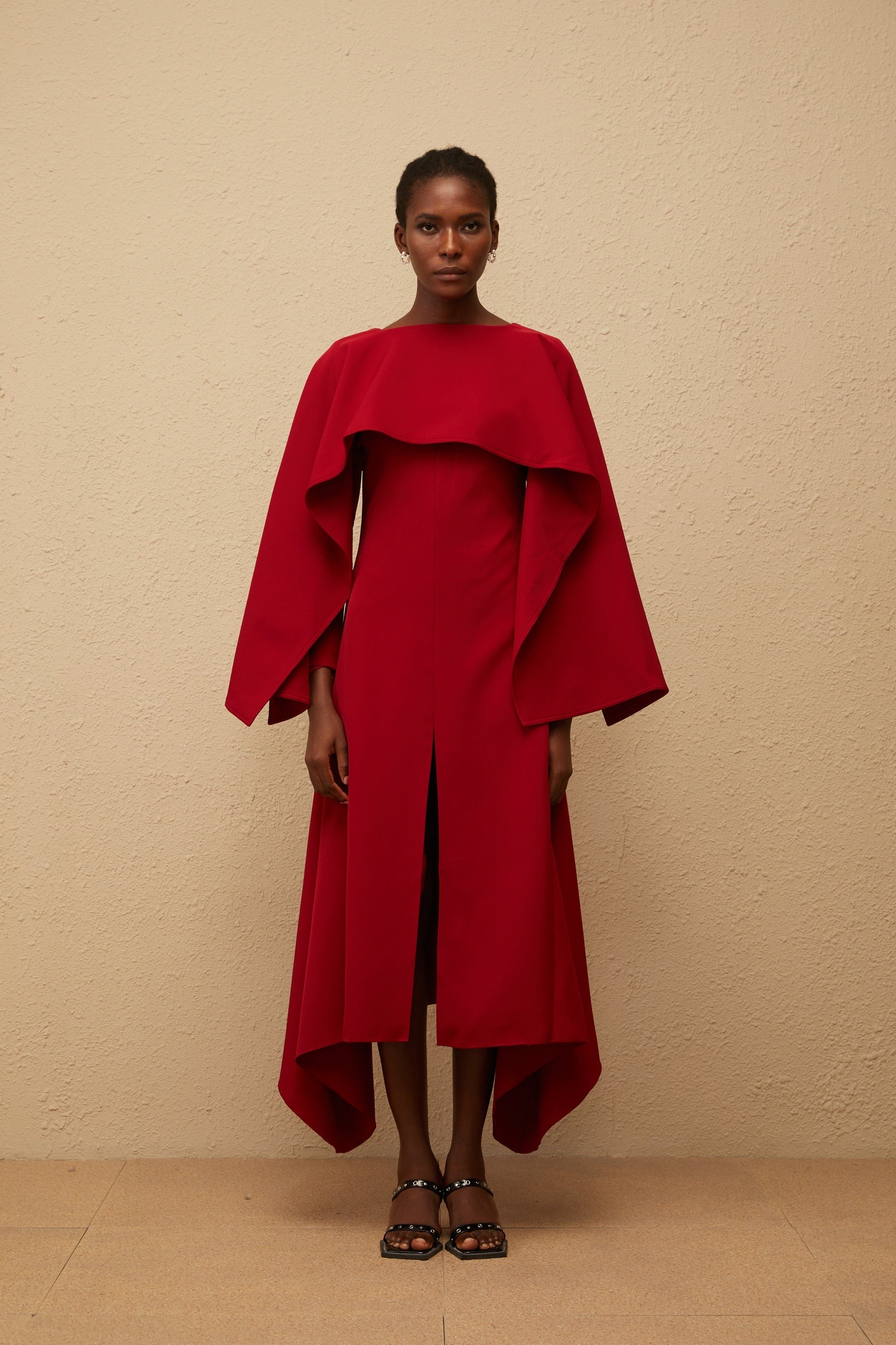 Solène Red Asymmetrical Cape Design Midi Dress
