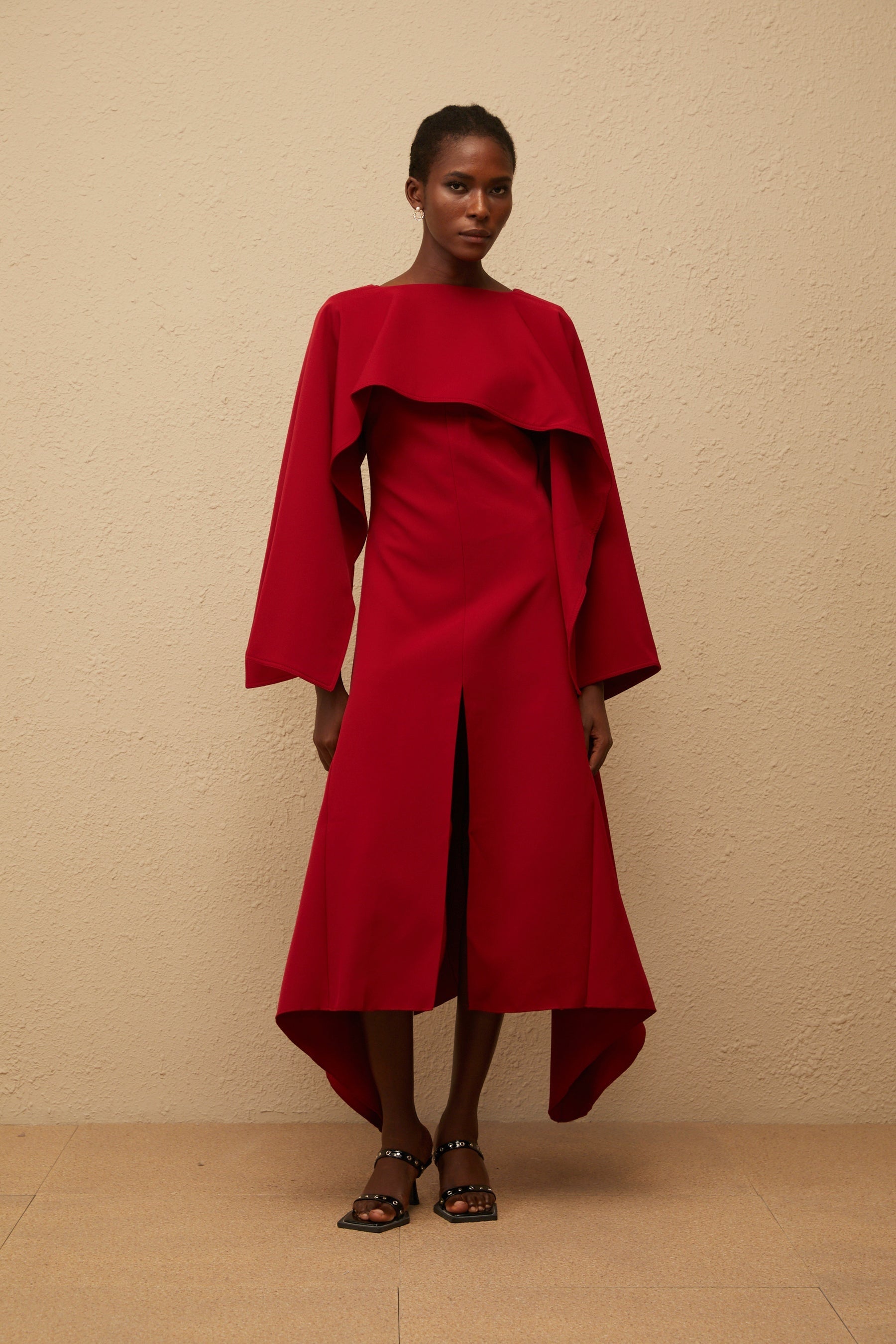 Solène Red Asymmetrical Cape Design Midi Dress