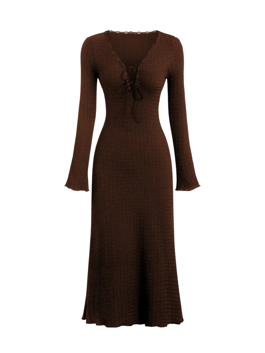 Brown maxi dress with lace-up neckline and flared sleeves