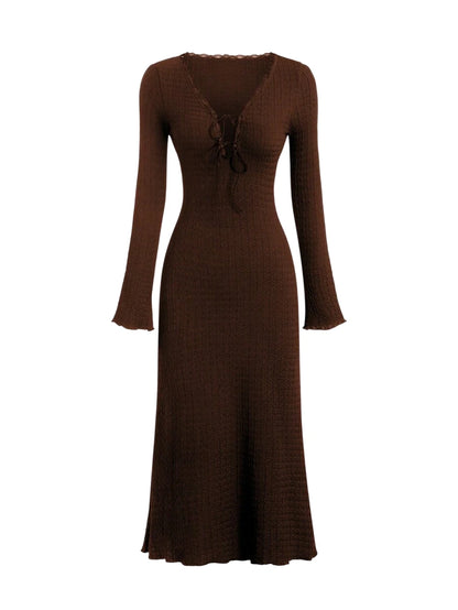 Brown maxi dress with lace-up neckline and flared sleeves