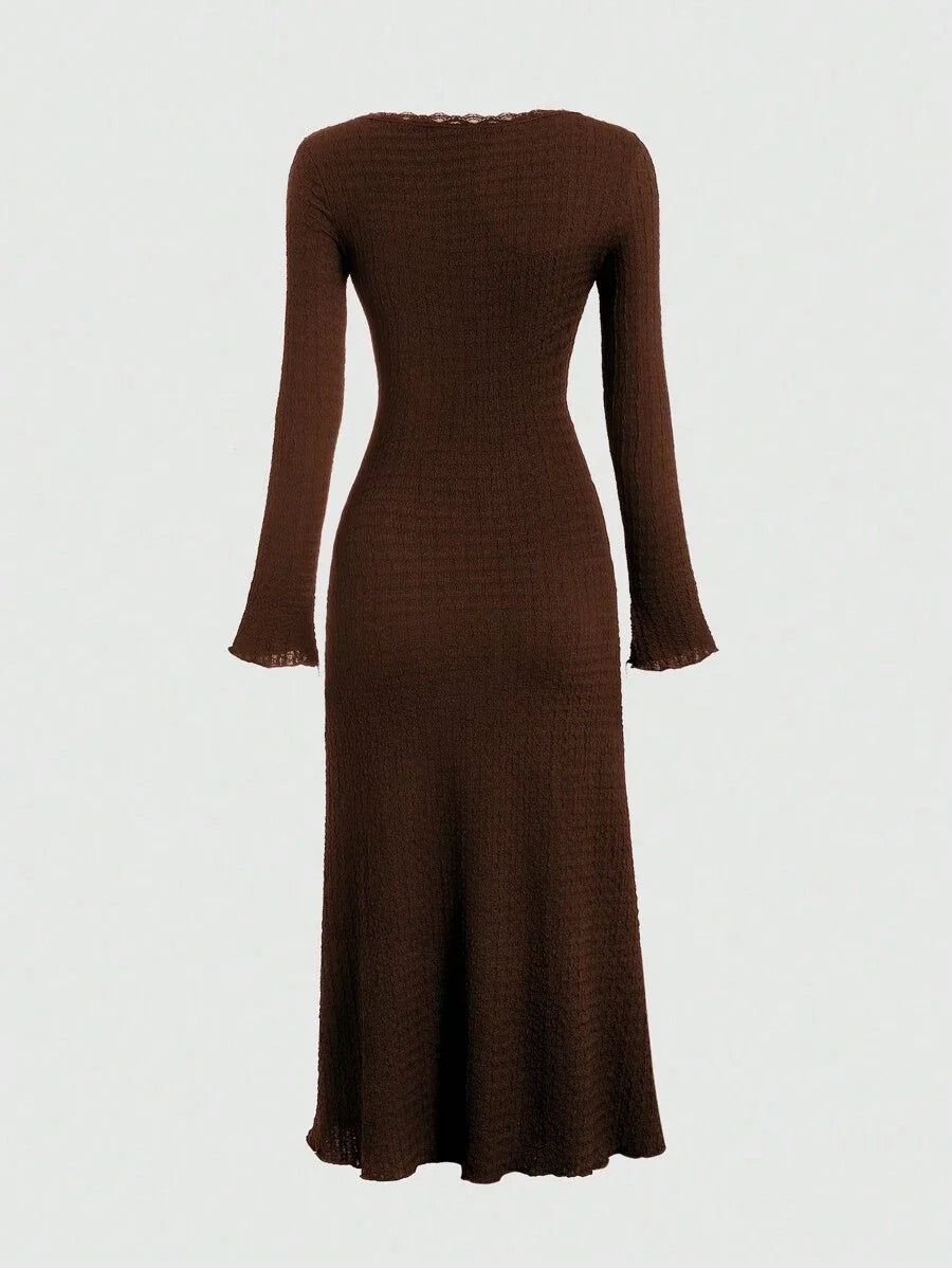 Solid Color Contrast Lace Cinching Waist ALine Dress Maxi Women Outfit