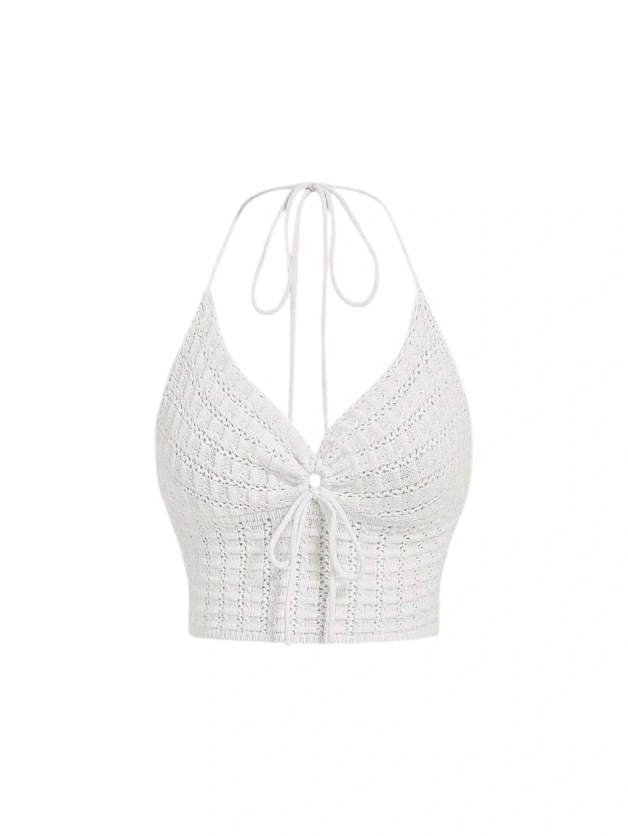 Solid Color Hollow Out Front Knot Halter Neck Knitted Top