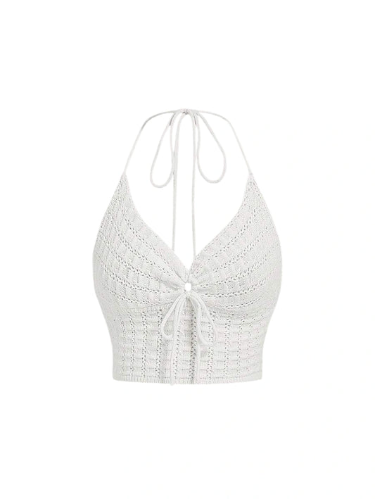 Solid Color Hollow Out Front Knot Halter Neck Knitted Top