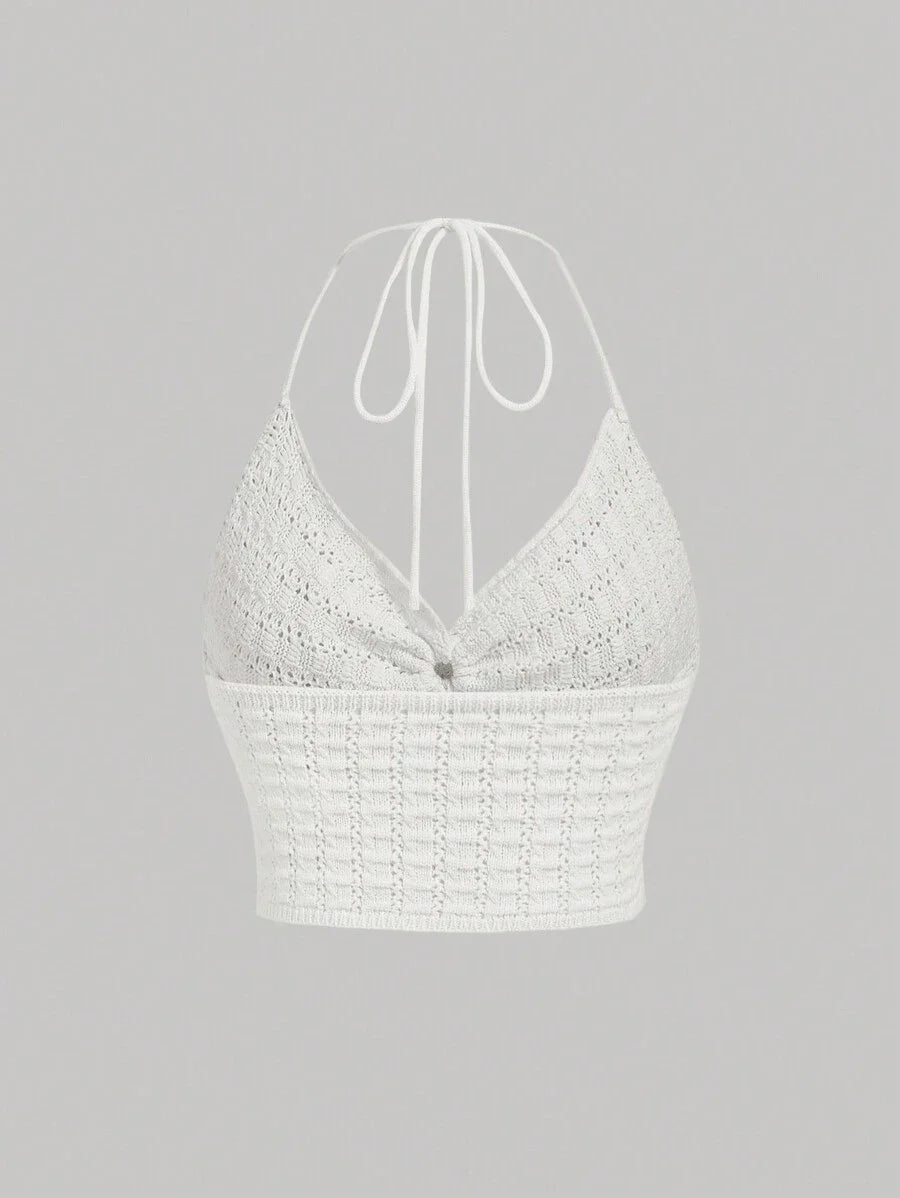 Solid Color Hollow Out Front Knot Halter Neck Knitted Top
