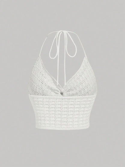 Solid Color Hollow Out Front Knot Halter Neck Knitted Top