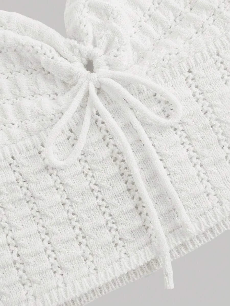 Solid Color Hollow Out Front Knot Halter Neck Knitted Top
