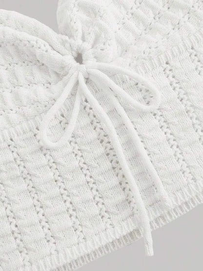 Solid Color Hollow Out Front Knot Halter Neck Knitted Top