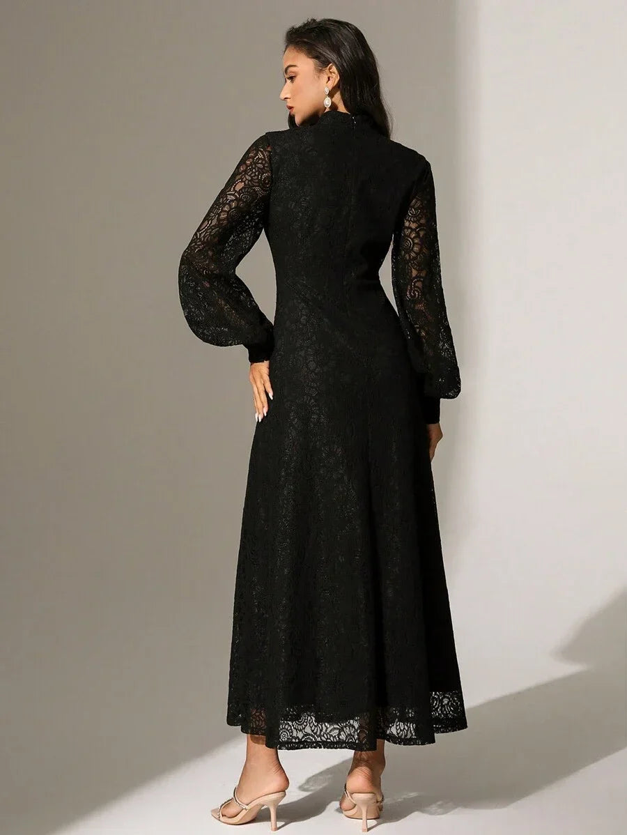 Solid Color Lace Trimmed Button Decoration Long Sleeve Dress Maxi Women Outfit