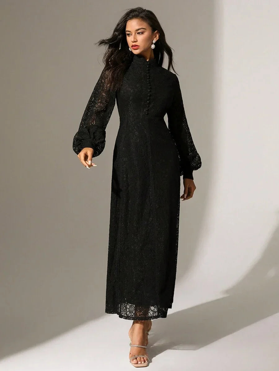 Solid Color Lace Trimmed Button Decoration Long Sleeve Dress Maxi Women Outfit