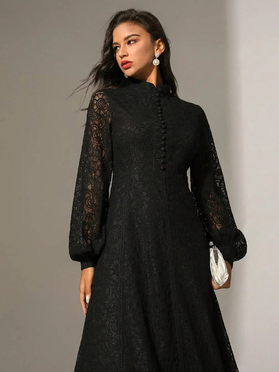 Solid Color Lace Trimmed Button Decoration Long Sleeve Dress Maxi Women Outfit