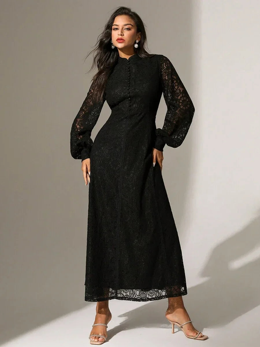 Solid Color Lace Trimmed Button Decoration Long Sleeve Dress Maxi Women Outfit