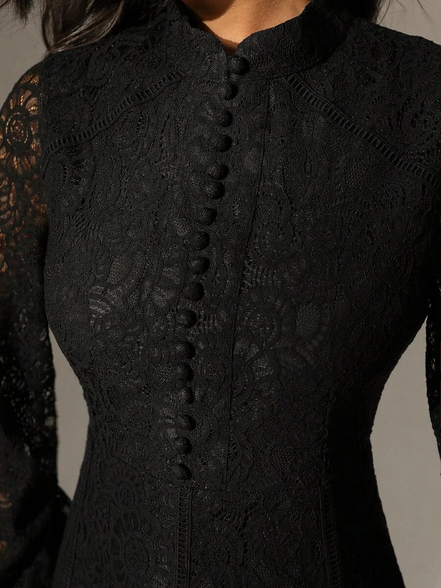 Solid Color Lace Trimmed Button Decoration Long Sleeve Dress Maxi Women Outfit