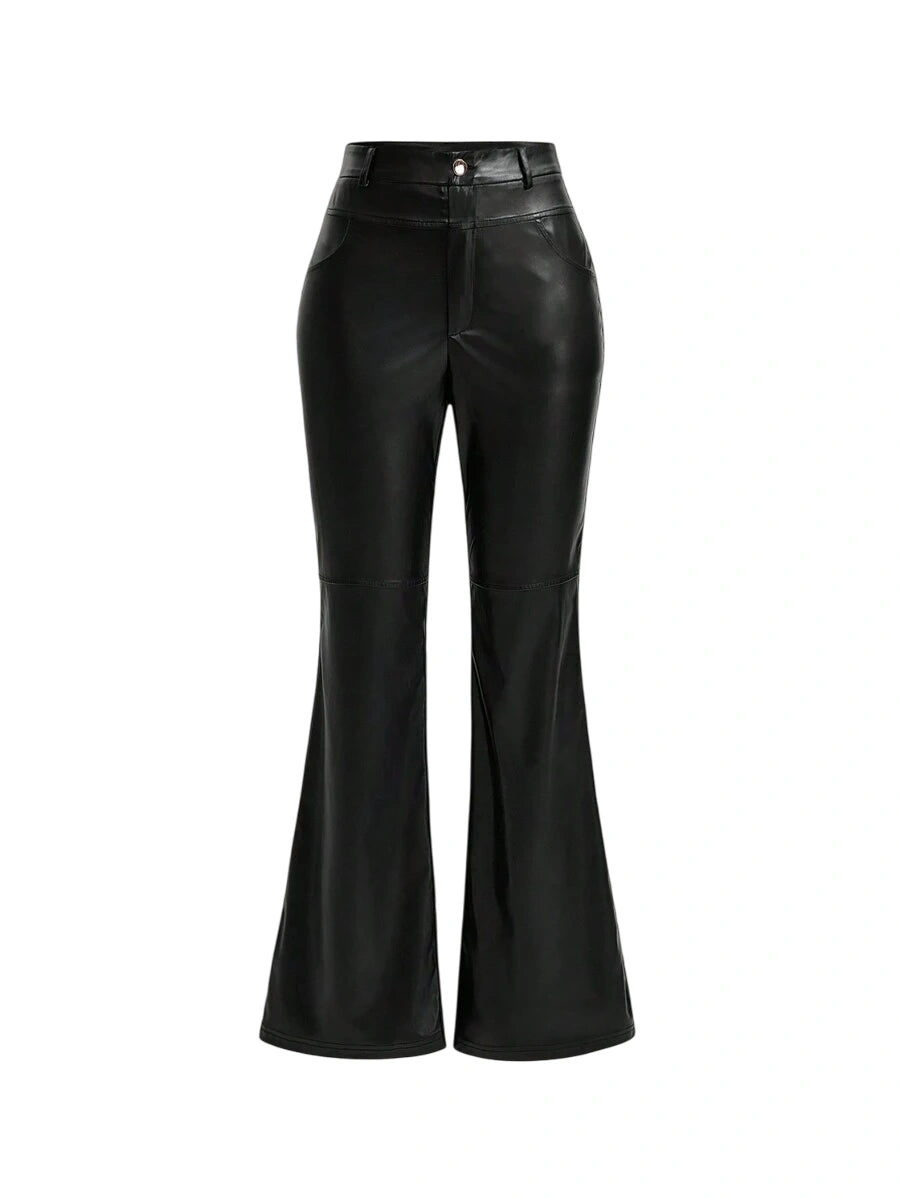 Solid Color Pu Leather Flared Pants