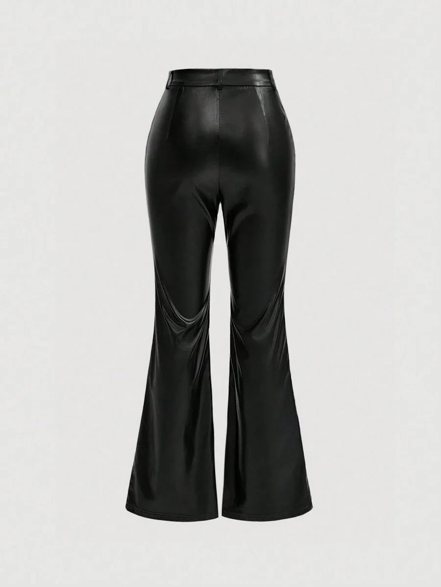 Solid Color Pu Leather Flared Pants