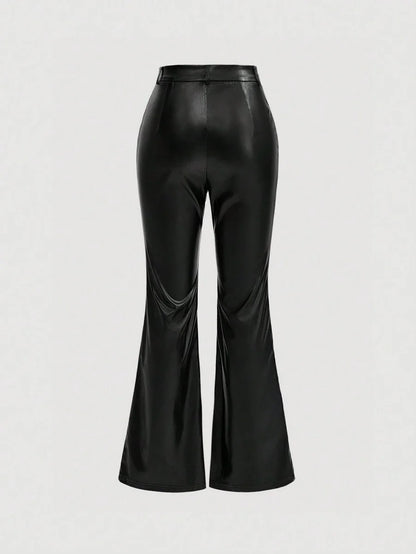 Solid Color Pu Leather Flared Pants