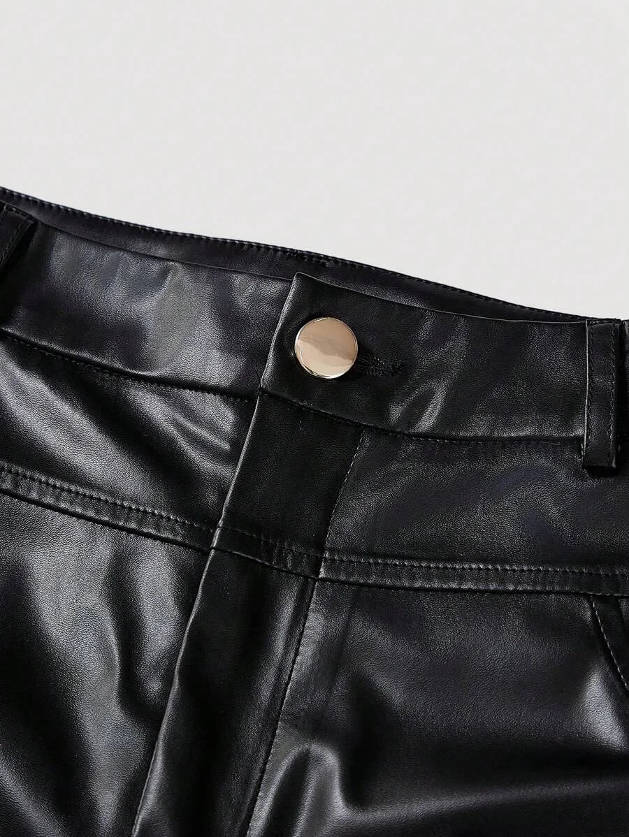 Solid Color Pu Leather Flared Pants