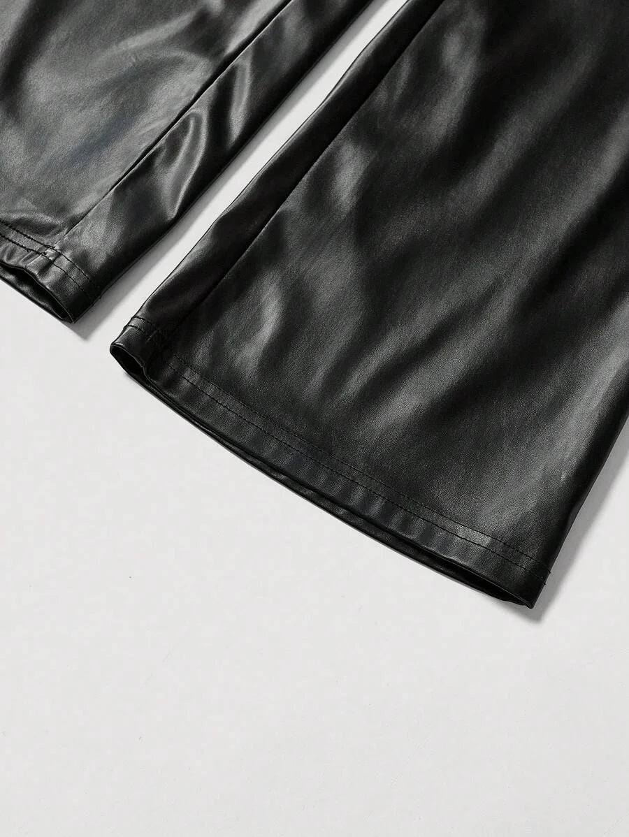 Solid Color Pu Leather Flared Pants