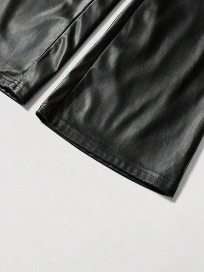 Solid Color Pu Leather Flared Pants