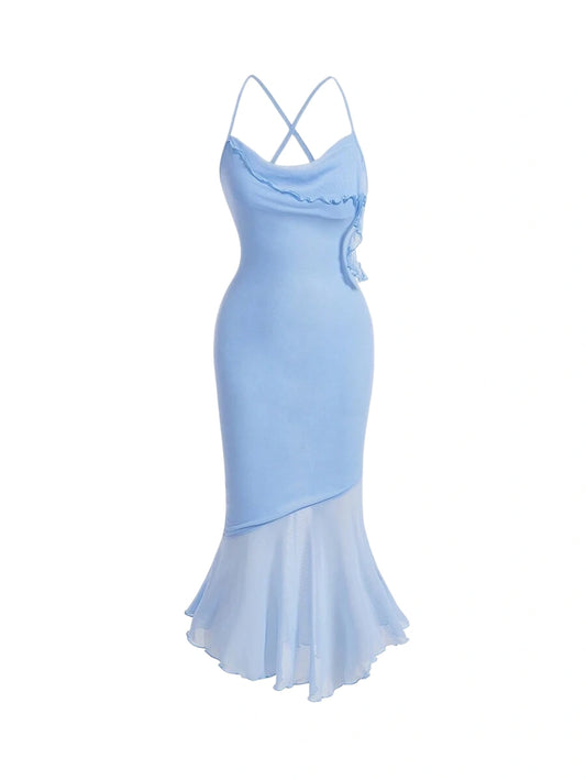 Light blue mermaid dress with ruffled hem and cross-back straps