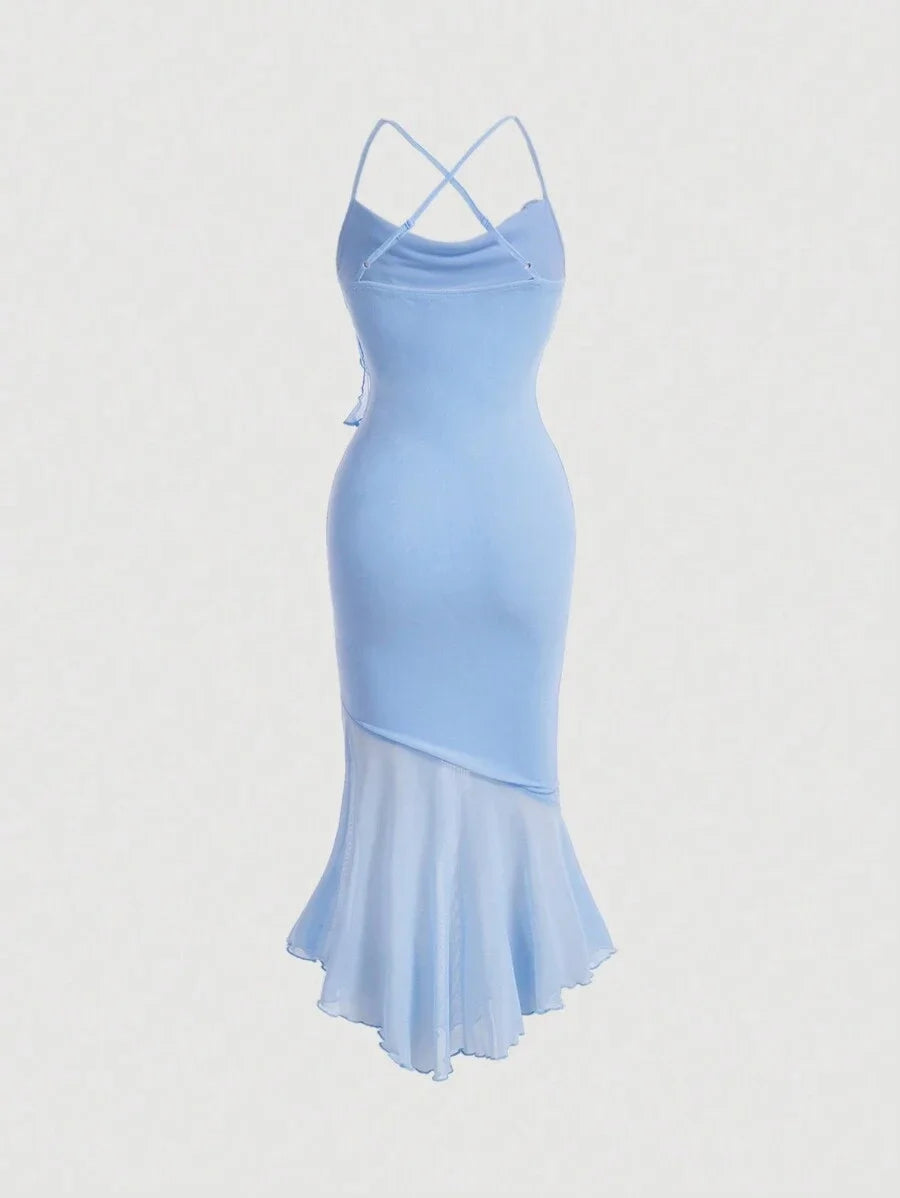 Solid Color Splice Mesh amp High Low Hem Cami Dress