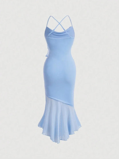 Solid Color Splice Mesh amp High Low Hem Cami Dress