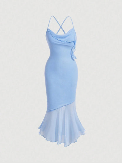 Solid Color Splice Mesh amp High Low Hem Cami Dress