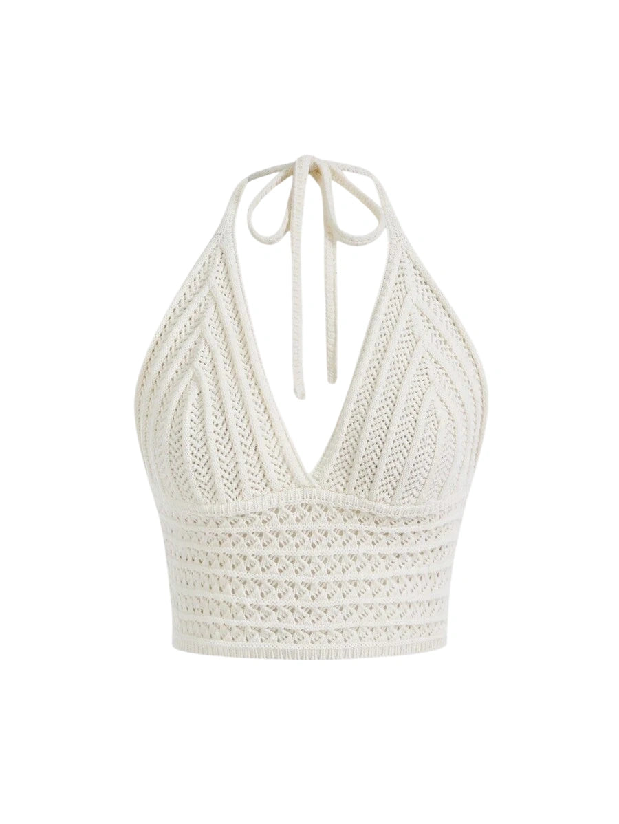 Solid Color VNeck Halter Knit Top For Music Festival