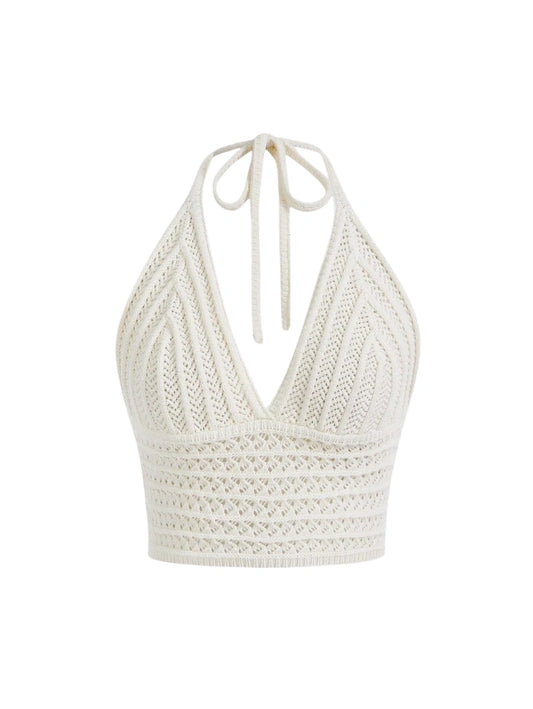 Solid Color VNeck Halter Knit Top For Music Festival