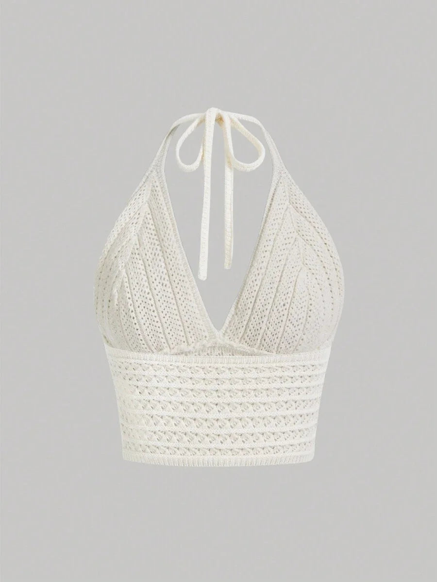 Solid Color VNeck Halter Knit Top For Music Festival