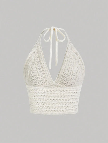 Solid Color VNeck Halter Knit Top For Music Festival