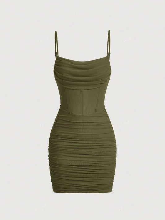 Solid Fish Bone Decoration Ruched Green Mesh Date Night Cami Dress