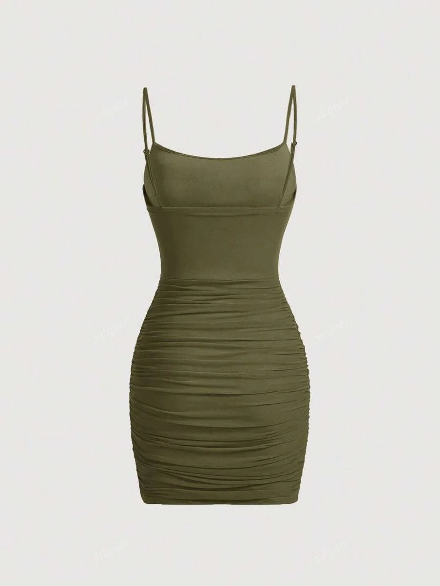 Solid Fish Bone Decoration Ruched Green Mesh Date Night Cami Dress