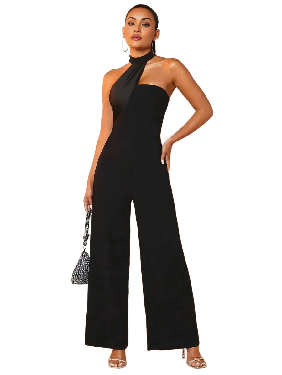 Solid Halter Neck Wide Leg Jumpsuit
