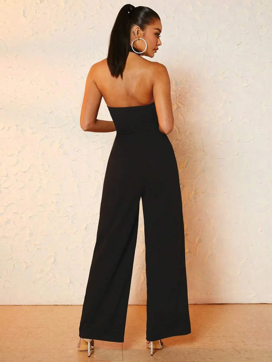 Solid Halter Neck Wide Leg Jumpsuit