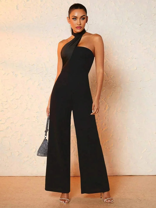 Solid Halter Neck Wide Leg Jumpsuit