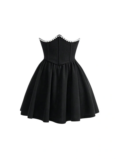 Solid High Waist Fish Bone Strips Pearls Beaded Black Skirt