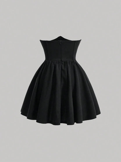 Solid High Waist Fish Bone Strips Pearls Beaded Black Skirt